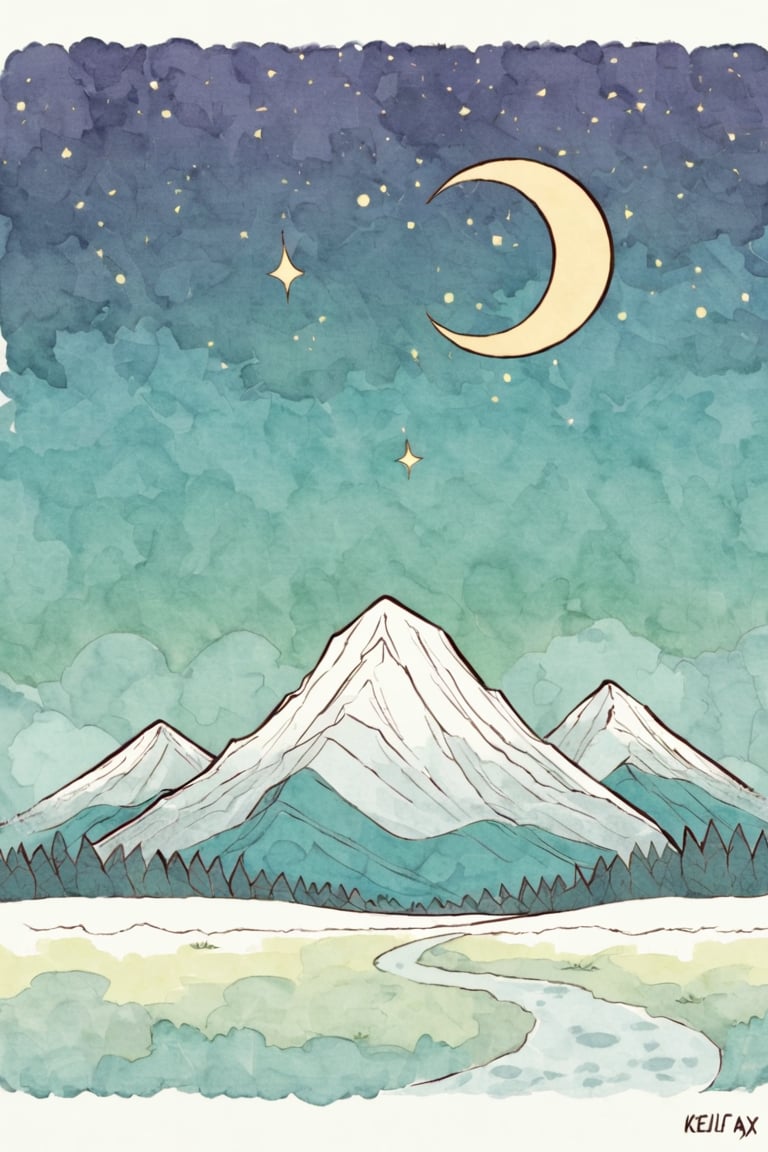 A painting of a a mountain with forest under a crescent moon popwaterink.Keliafx by TinyGarlic on Tensor.Art