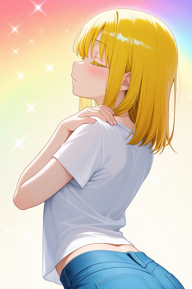 Sparkling rainbow background,  Hands on own shoulder,  From back by 幽鬼処刑人２年目 on Tensor.Art