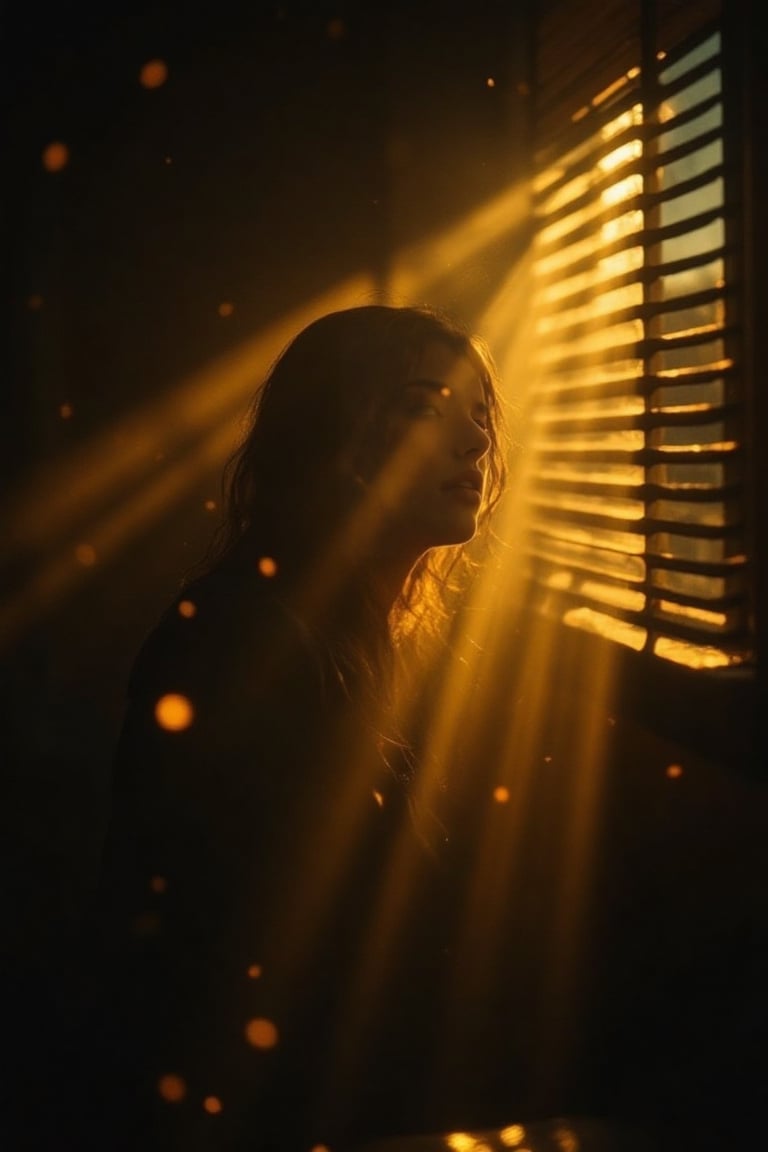 A moody cinematic shot of a dimly lit room where strong sunlight filters through Venetian blinds,  casting long,  parallel...