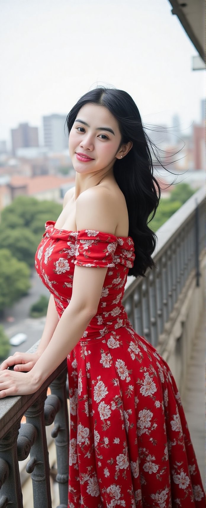 “Elegant Korean girl in a red floral dress leans back on a vintage balcony railing,  turning her head to the camera. Wind...
