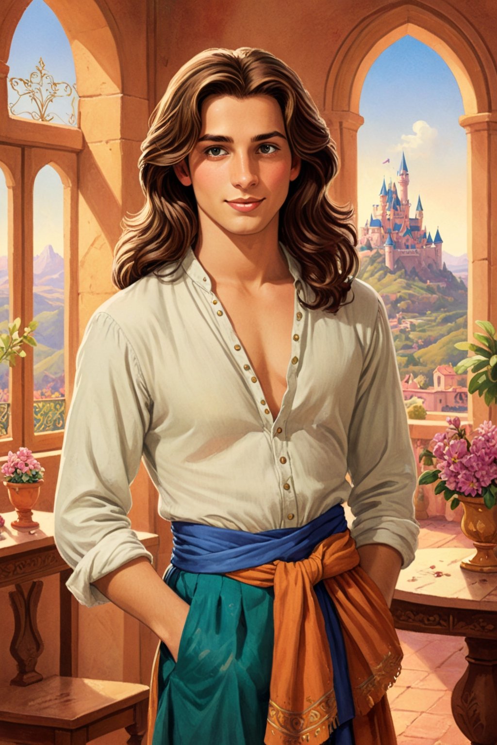 A beautiful and charming Disney storybook page illustration of a castle dining room with a beautiful long-haired androgyno...