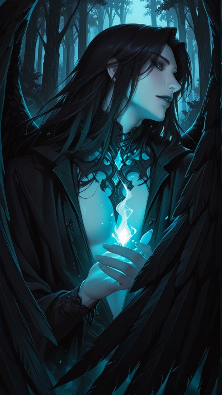 A beautifully haunting male dark angel in a romantic gothic style,  shown in a dramatic side profile. He has elegant,  sha...