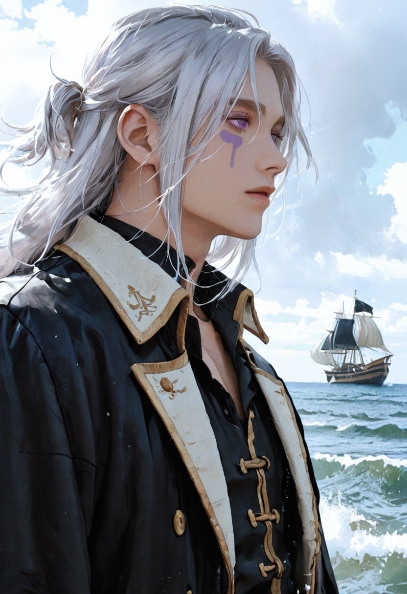 Generate a movie poster of a male pirate with silver hair and violet eyes,  there is an ocean storm and a mermaid singing...