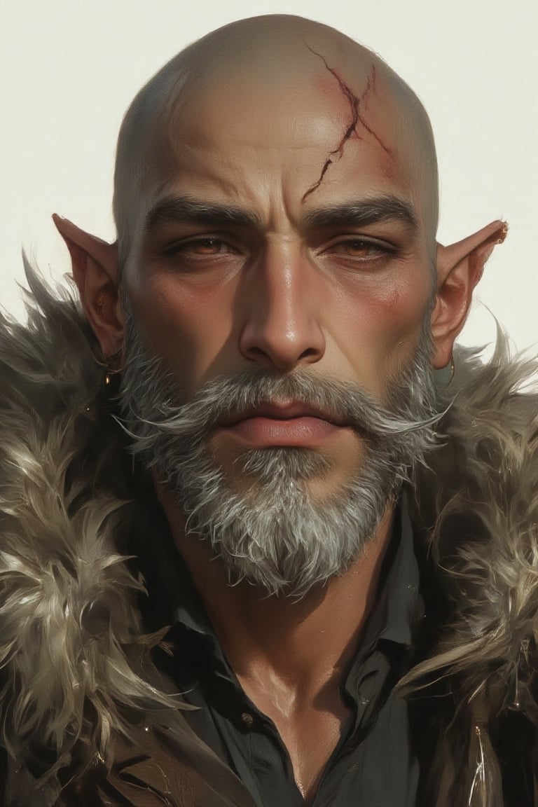 A highly detailed fantasy character portrait of an elderly male elf with a fierce and intense expression. The elf has a ba...