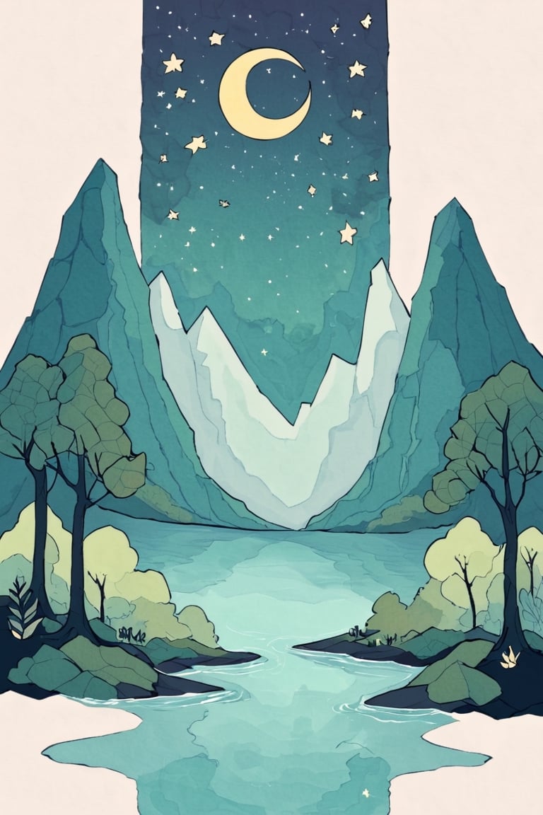 A painting of a a mountain with forest under a crescent moon popwaterink.Keliafx by elenere on Tensor.Art
