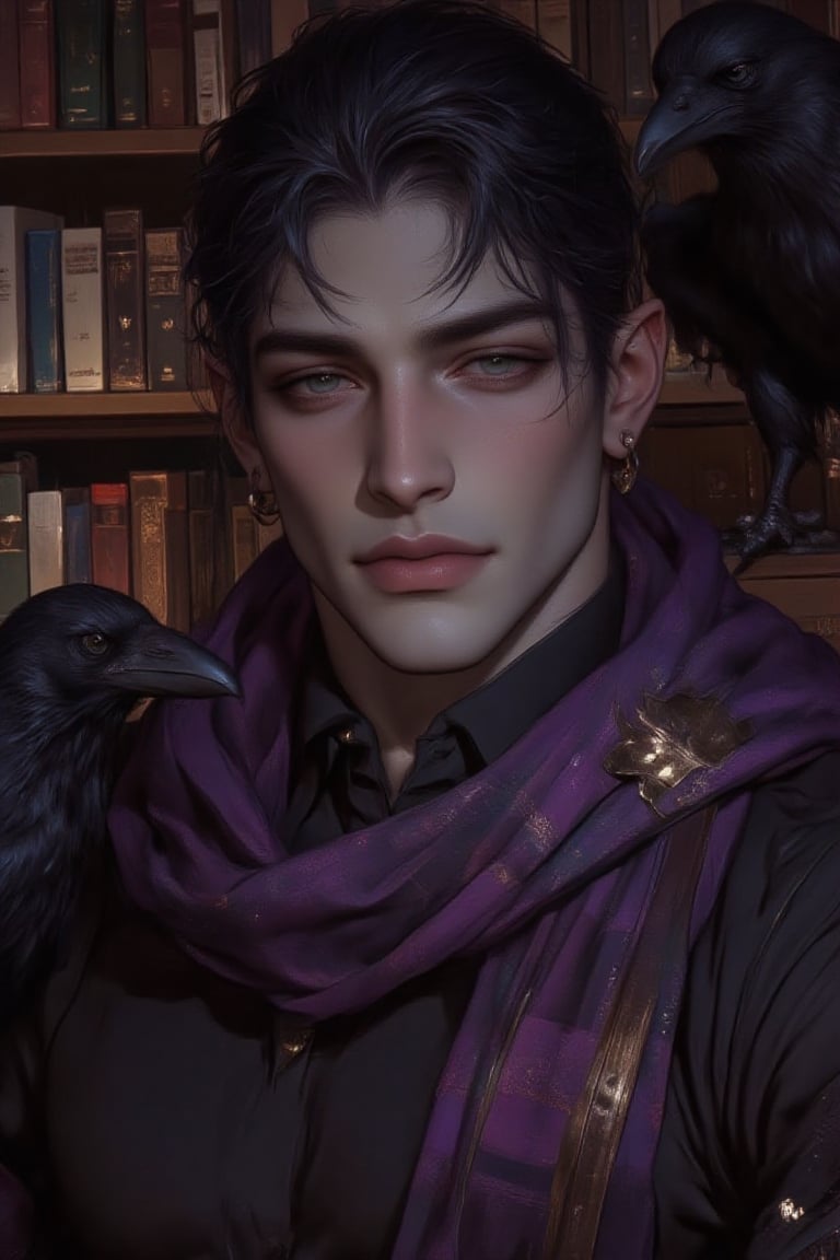 Elf man,  straight black hair,  raven on shoulder by elenere on Tensor.Art