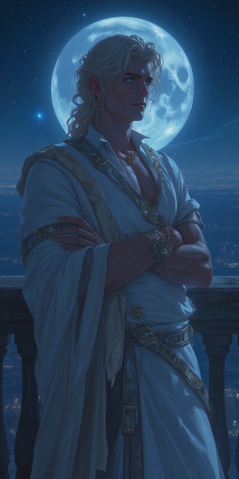 A majestic solo male figure stands confidently on a moon-lit balcony,  bathed in soft,  cool tones. His regal expression a...