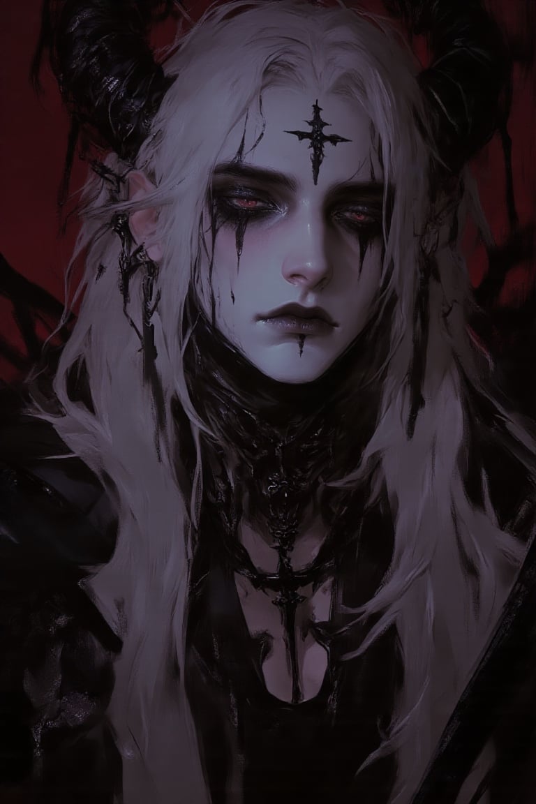 The image depicts a stylized,  fantasy-themed character with a pale complexion and striking red eyes. The character has lo...