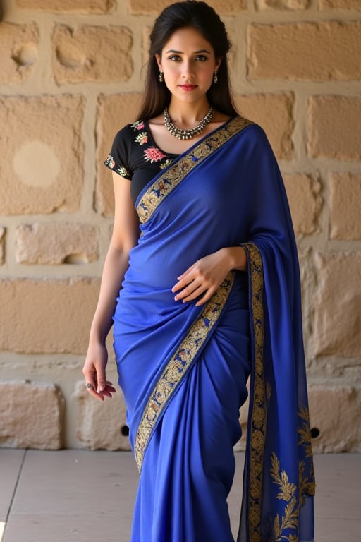 A woman in a blue saree with gold embroidery stands elegantly against a textured stone wall. She holds herself gracefully,...