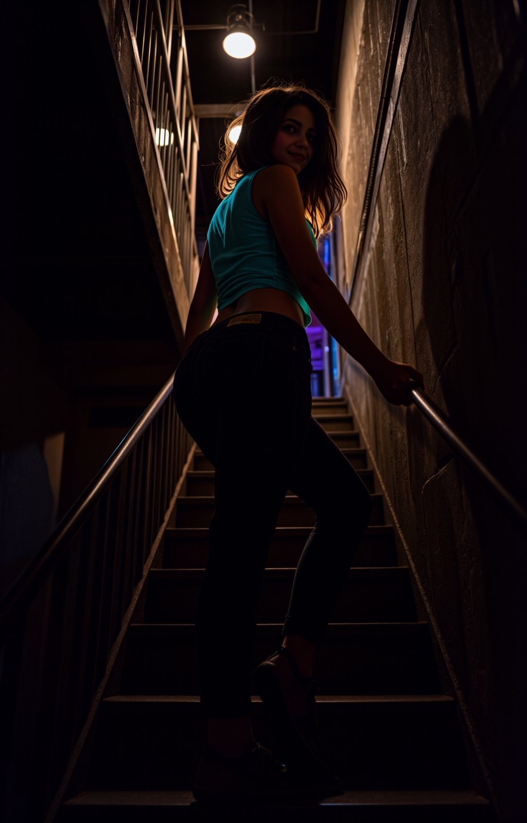 Low angle. Seen from behind,  Akemi climbs a gently curving staircase. Her head is turned,  and she looks at the viewer wi...