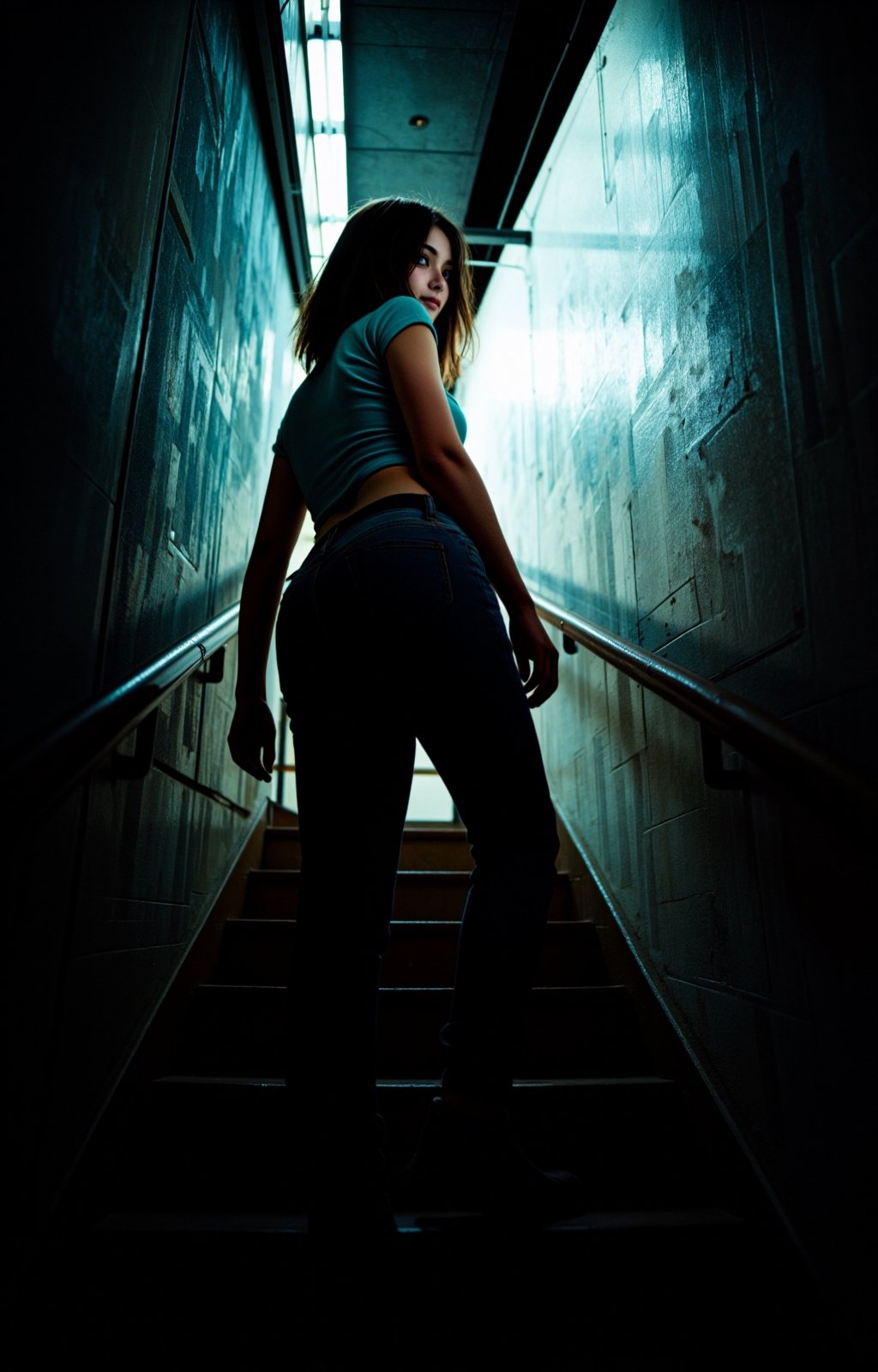 Low angle. Seen from behind,  Akemi climbs a gently curving staircase. Her head is turned,  and she looks at the viewer wi...