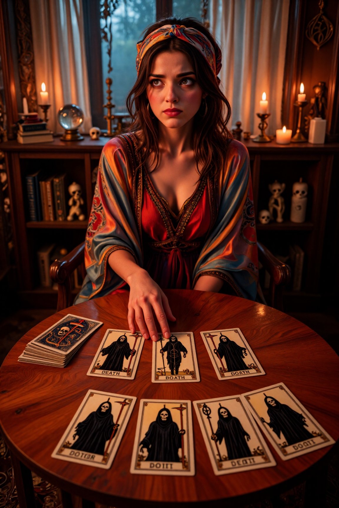 Realistic. POV from across the table. Akemi is a Bohemian fortune teller. She sits behind a round,  lacquered wooden table...