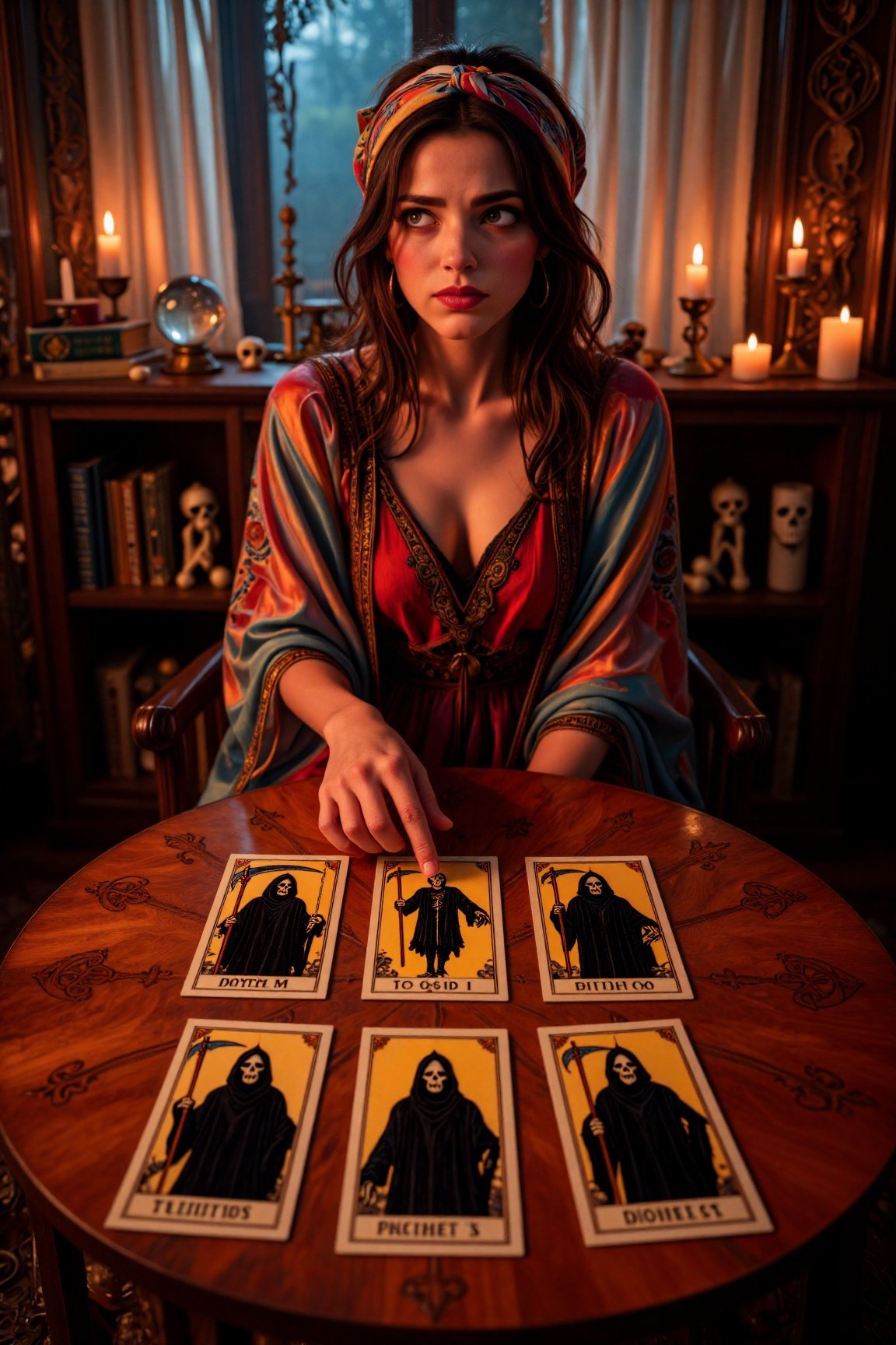 Realistic. POV from across the table. Akemi is a Bohemian fortune teller. She sits behind a round,  lacquered wooden table...