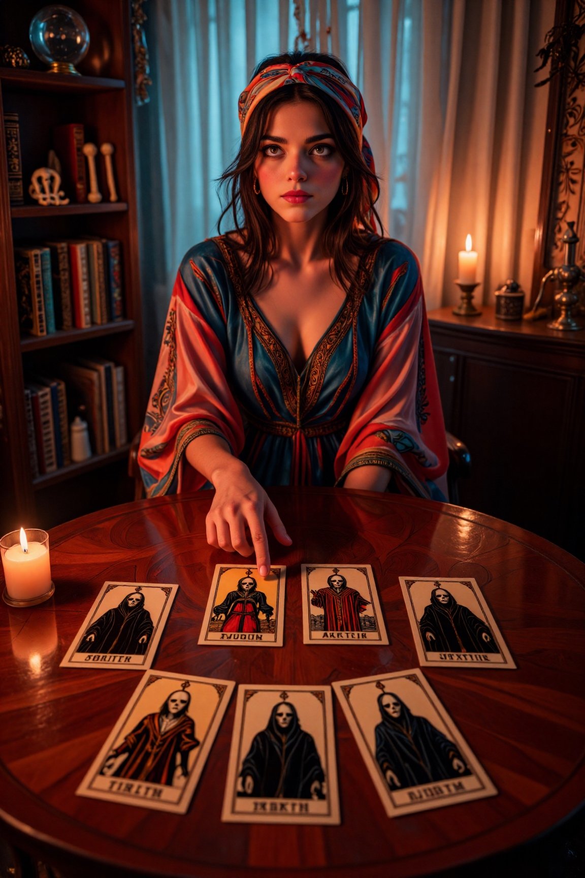 Realistic. POV from across the table. Akemi is a Bohemian fortune teller. She sits behind a round,  lacquered wooden table...