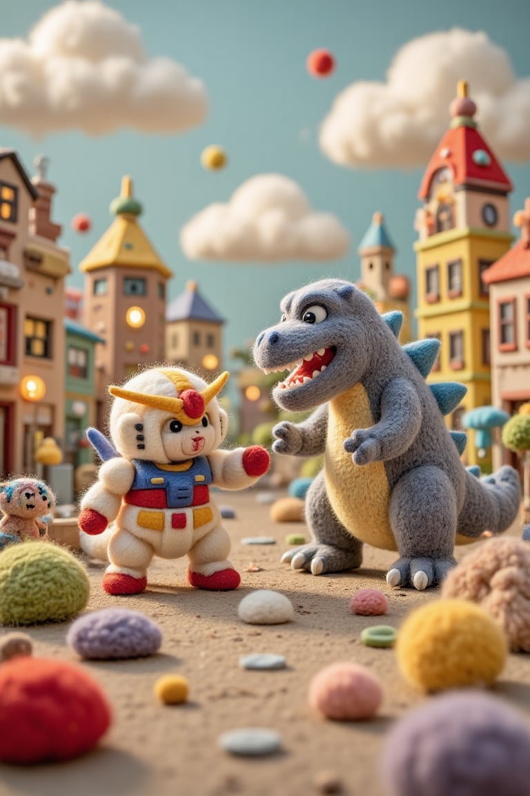 cute woolen characters,  a fluffy Gundam and a soft Godzilla,  engaged in a playful battle in a vibrant cityscape. The sce...