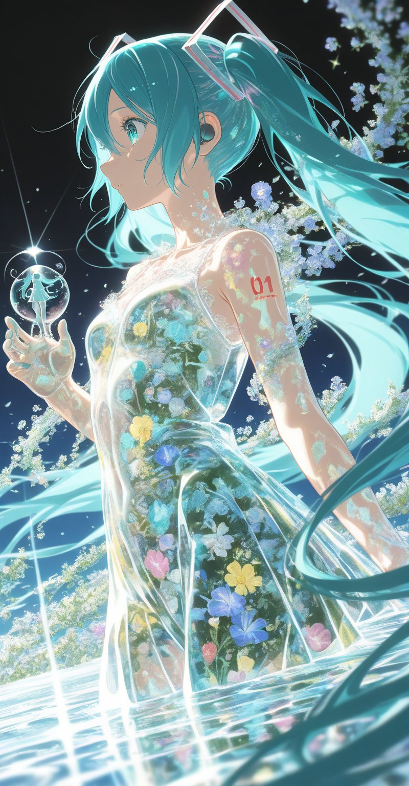 Create a transparent glass sculpture. Transform the portrait into a smooth crystal form. The hair,  flowers,  and profile...