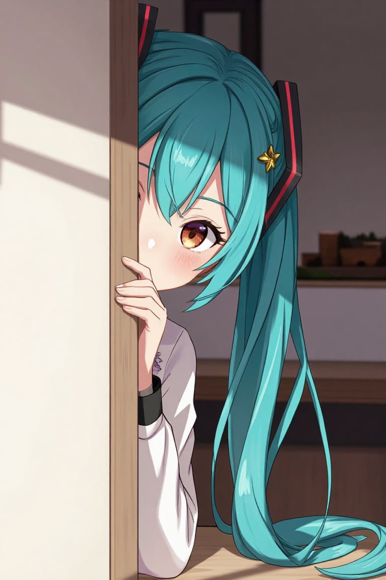 1girl,  solo,  A anime style image of a hatsune_miku hiding behind a wall by PrinteristArtGallery on Tensor.Art