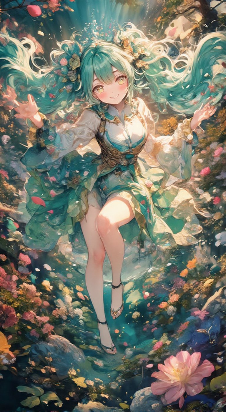 A whimsical scene unfolds: a charming smile radiates from the floating girl,  hatsune_miku,  very long hair by PrinteristA...