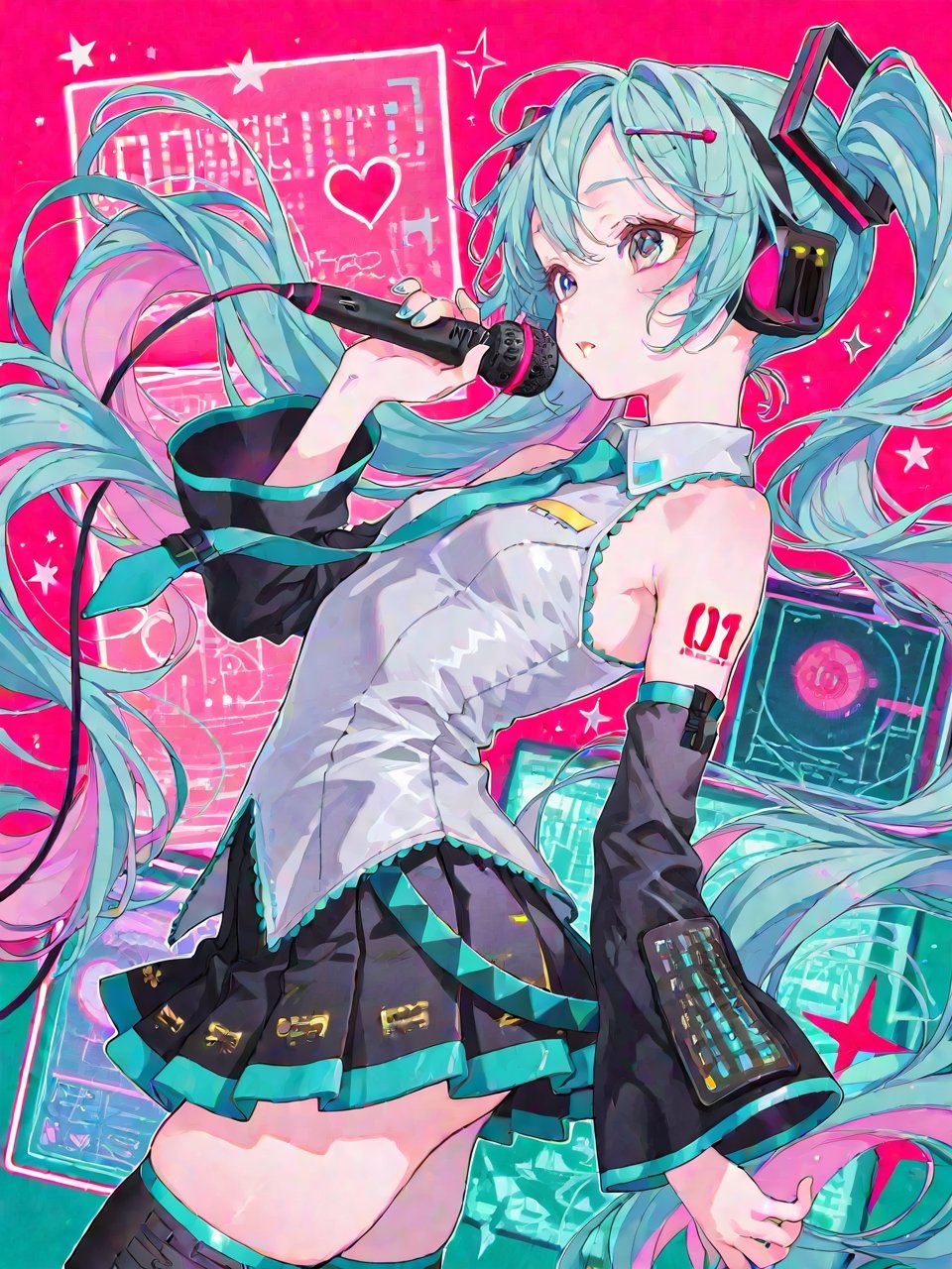 cestbonlavie (style),  Hatsune Miku in her official V2 classic outfit. She has long teal floor-length twin-tails secured b...