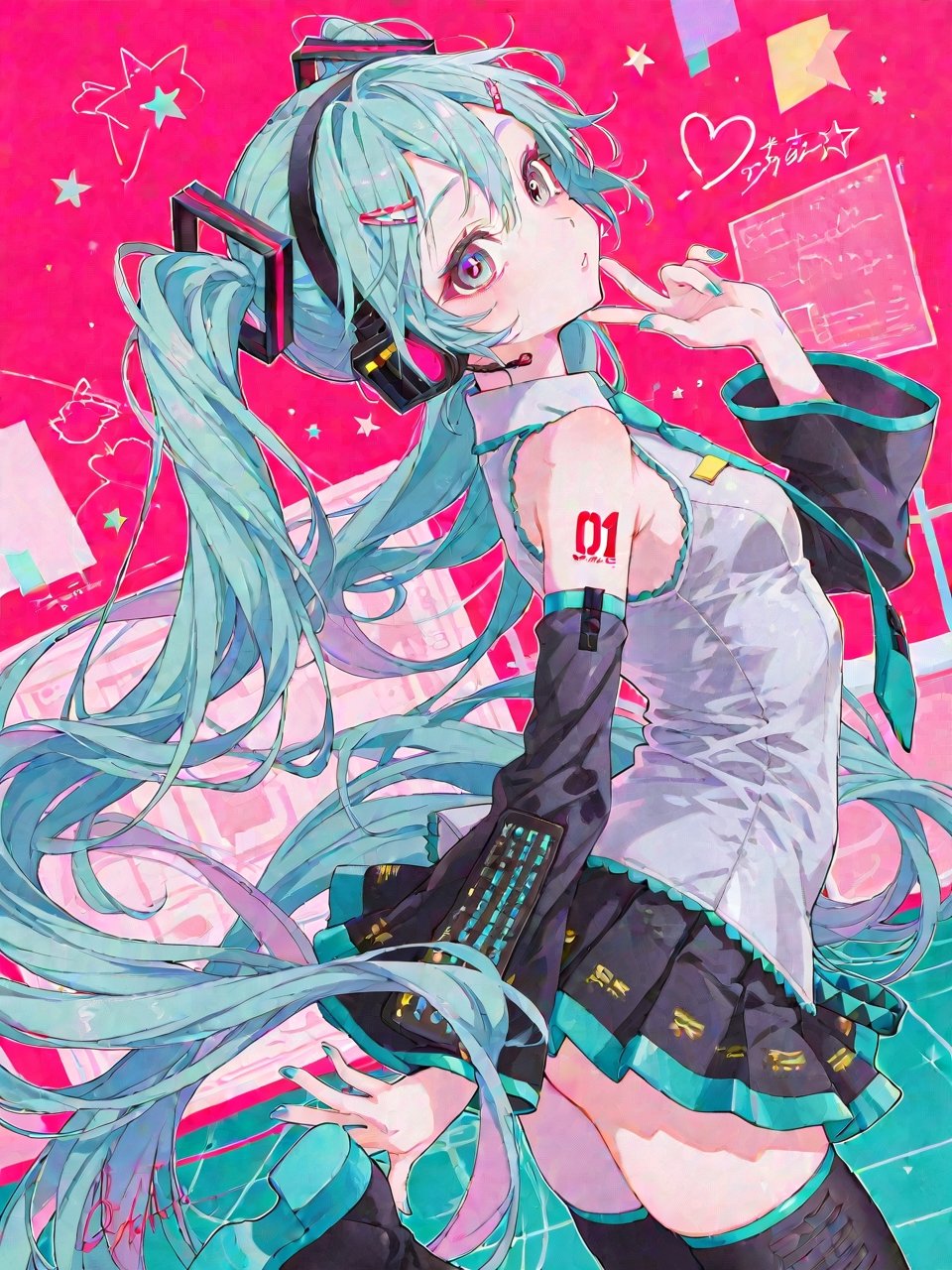 cestbonlavie (style),  Hatsune Miku in her official V2 classic outfit. She has long teal floor-length twin-tails secured b...