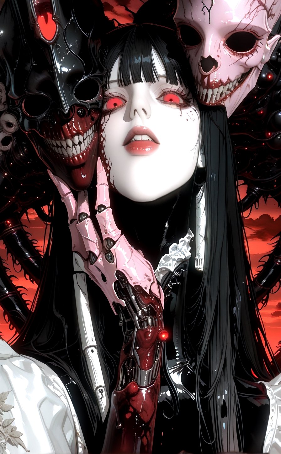A haunting Japanese horror-style illustration featuring a young girl with straight black hair and bangs,  wearing a delica...