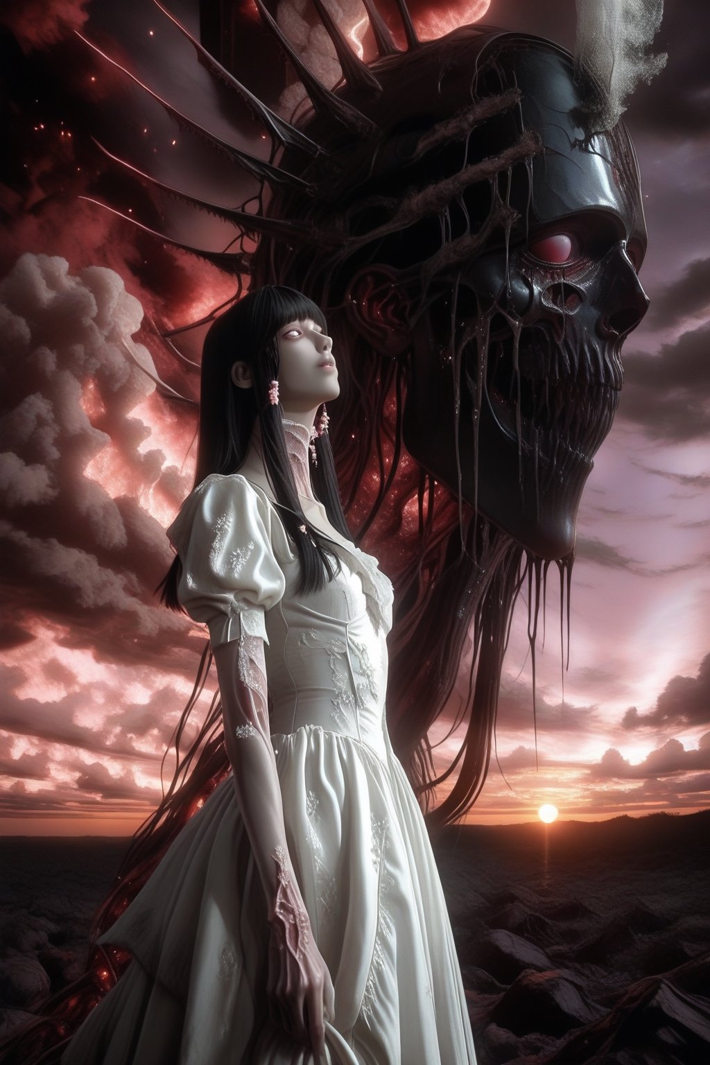 A haunting Japanese horror-style illustration featuring a young girl with straight black hair and bangs,  wearing a delica...