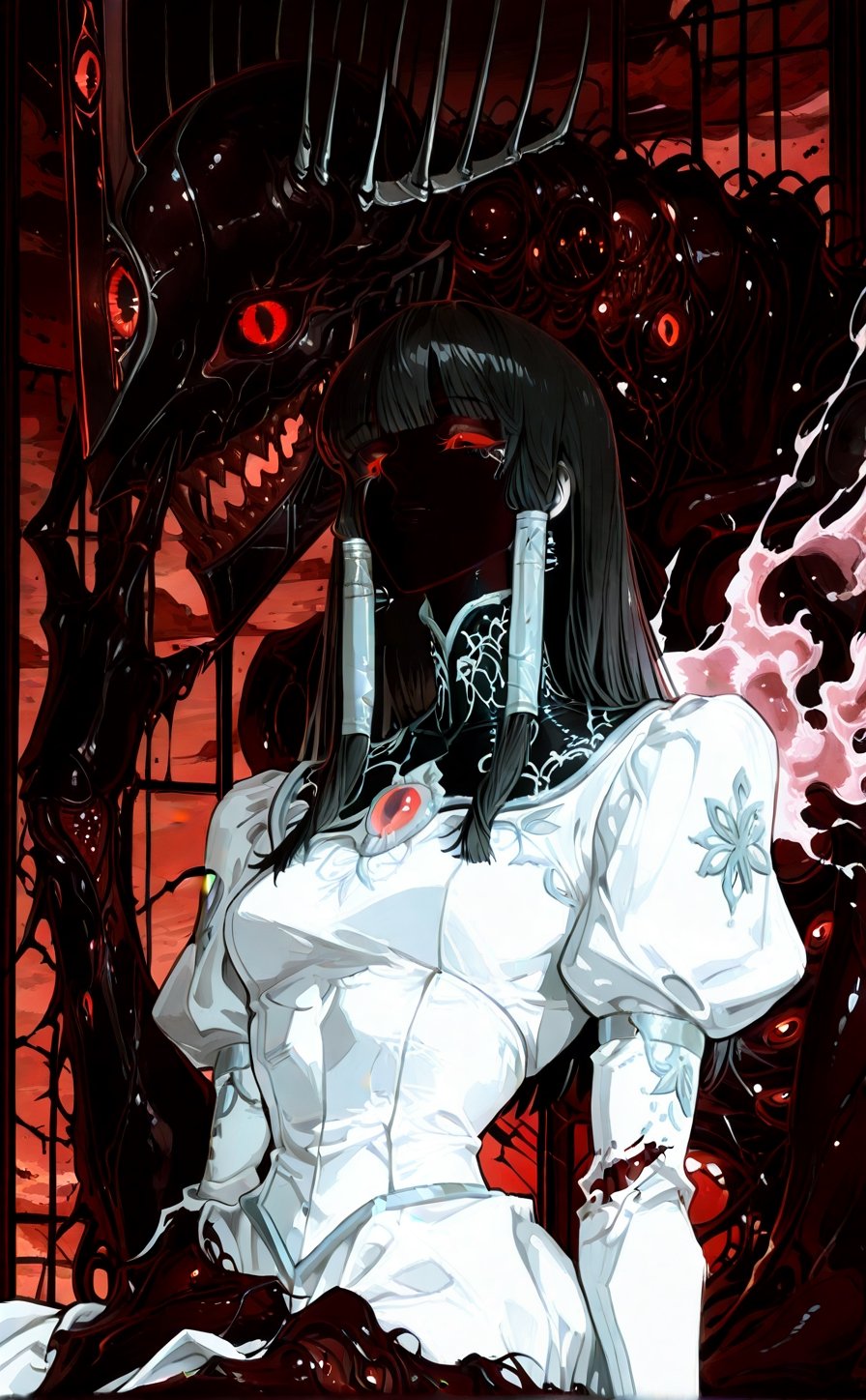 A haunting Japanese horror-style illustration featuring a young girl with straight black hair and bangs,  wearing a delica...