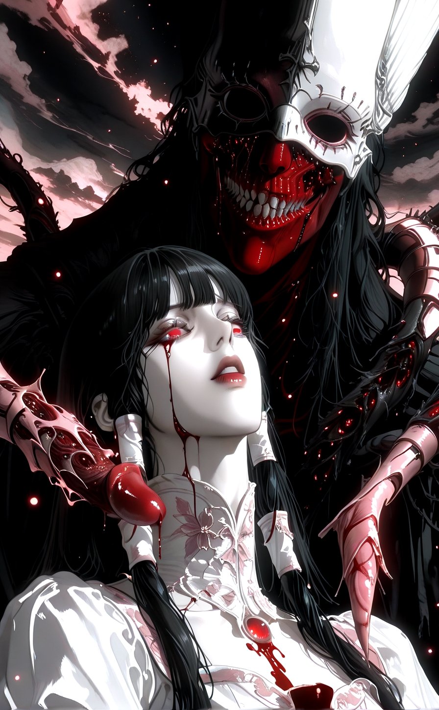 A haunting Japanese horror-style illustration featuring a young girl with straight black hair and bangs,  wearing a delica...