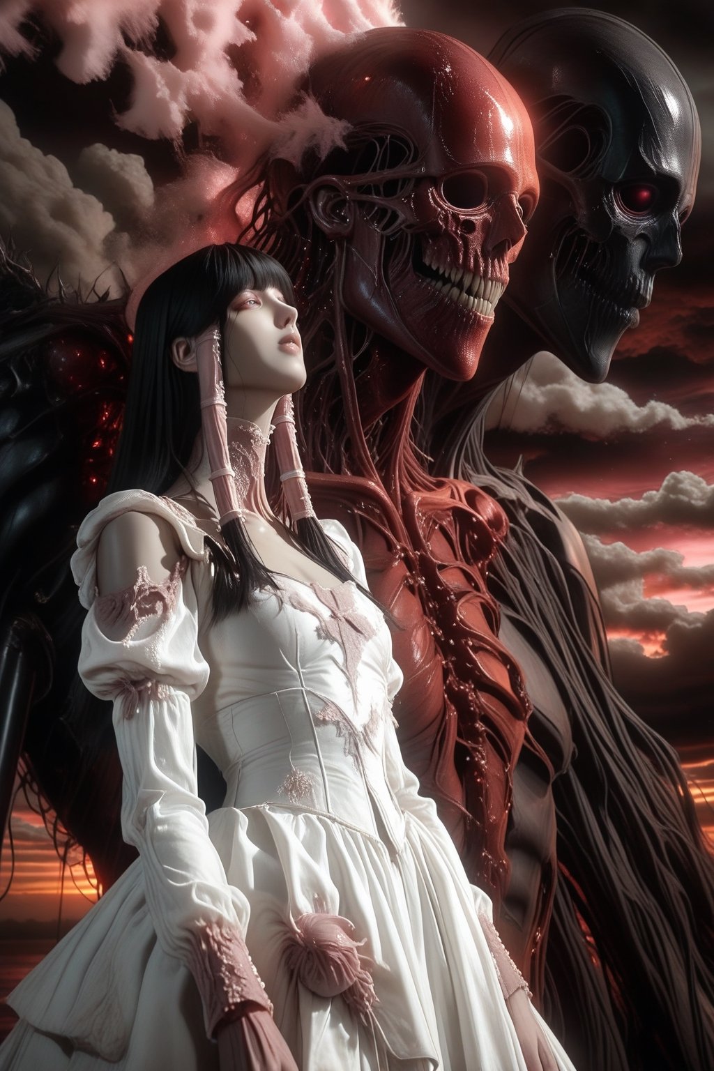 A haunting Japanese horror-style illustration featuring a young girl with straight black hair and bangs,  wearing a delica...