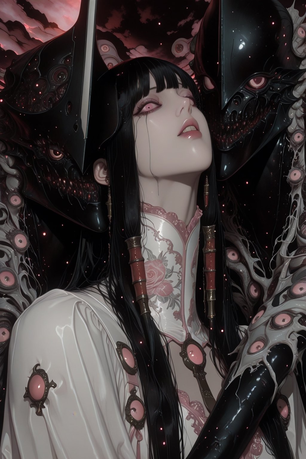 A haunting Japanese horror-style illustration featuring a young girl with straight black hair and bangs,  wearing a delica...