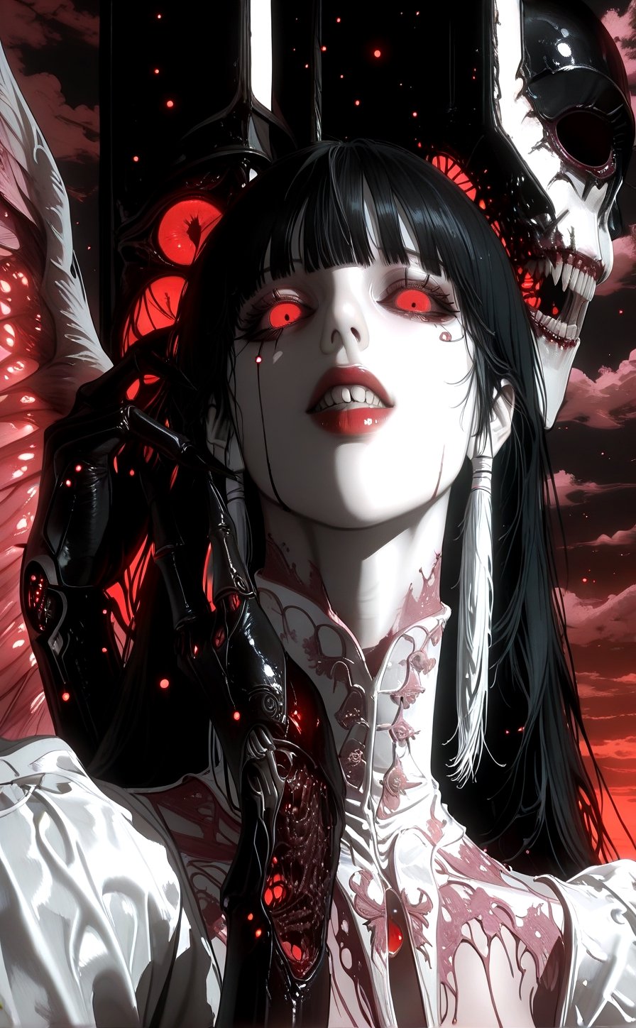 A haunting Japanese horror-style illustration featuring a young girl with straight black hair and bangs,  wearing a delica...