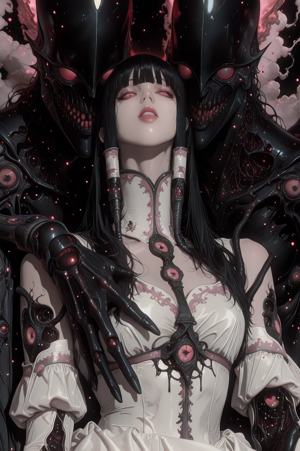 A haunting Japanese horror-style illustration featuring a young girl with straight black hair and bangs,  wearing a delica...
