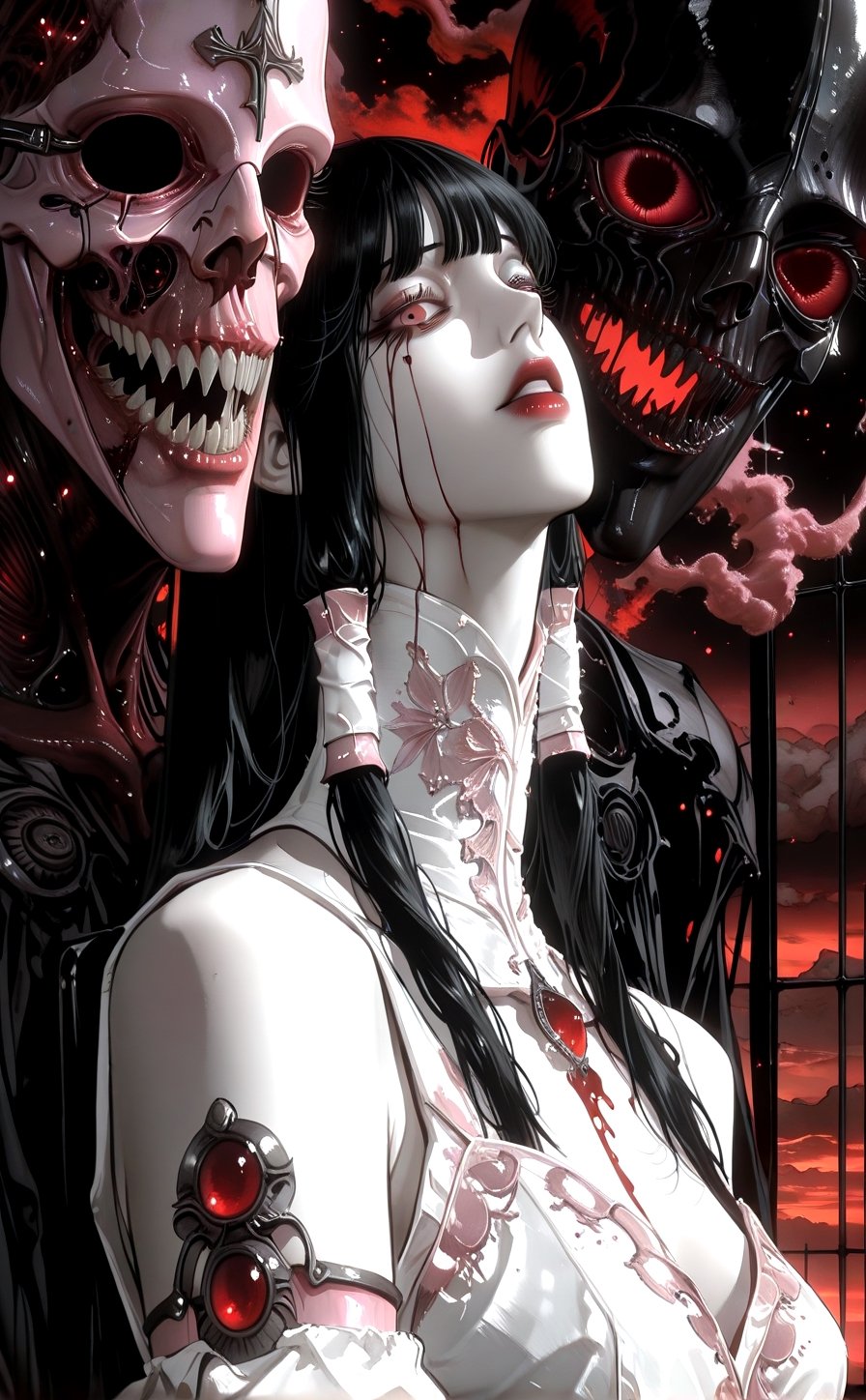 A haunting Japanese horror-style illustration featuring a young girl with straight black hair and bangs,  wearing a delica...