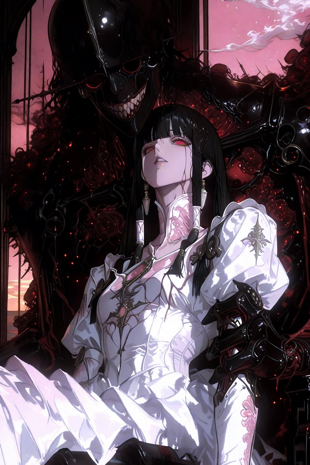 A haunting Japanese horror-style illustration featuring a young girl with straight black hair and bangs,  wearing a delica...