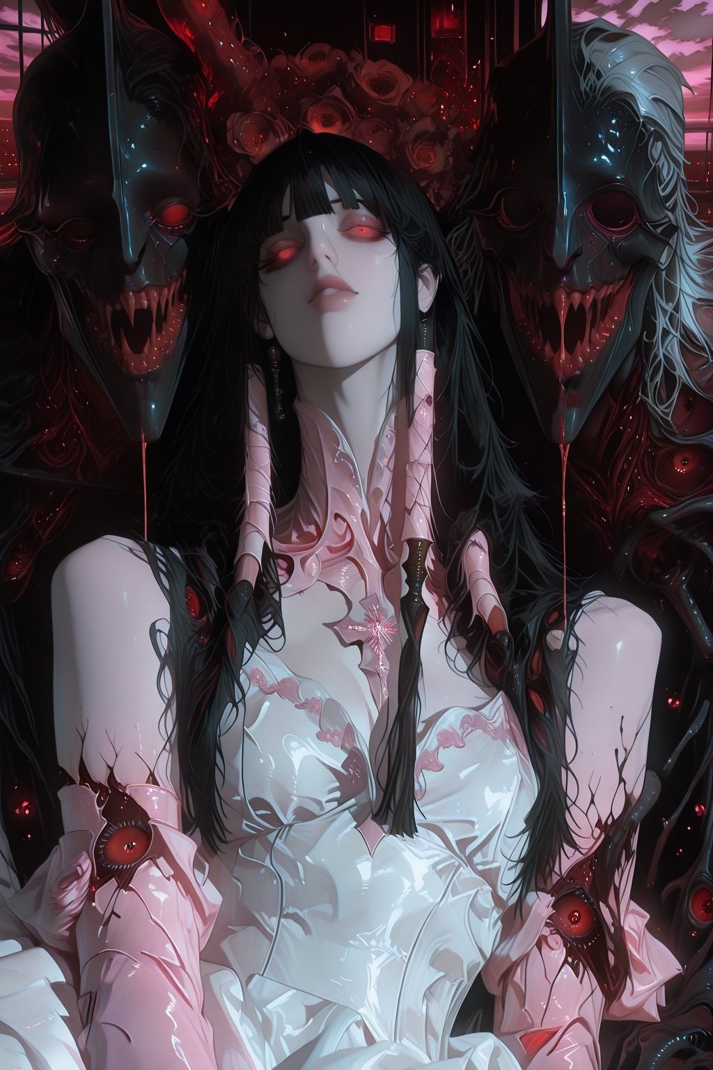 A haunting Japanese horror-style illustration featuring a young girl with straight black hair and bangs,  wearing a delica...