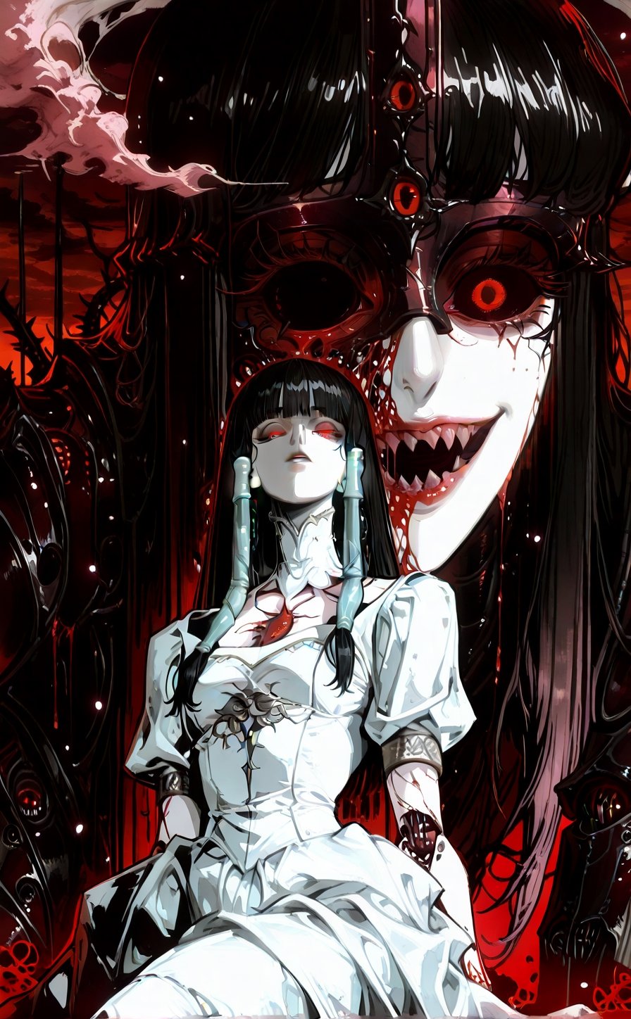 A haunting Japanese horror-style illustration featuring a young girl with straight black hair and bangs,  wearing a delica...