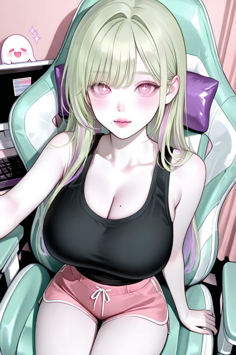 Long light green hair ,  ((Green is in pastel tones.))(straight hair with bangs parted),  sparkling pink eyes by panpan_ o...
