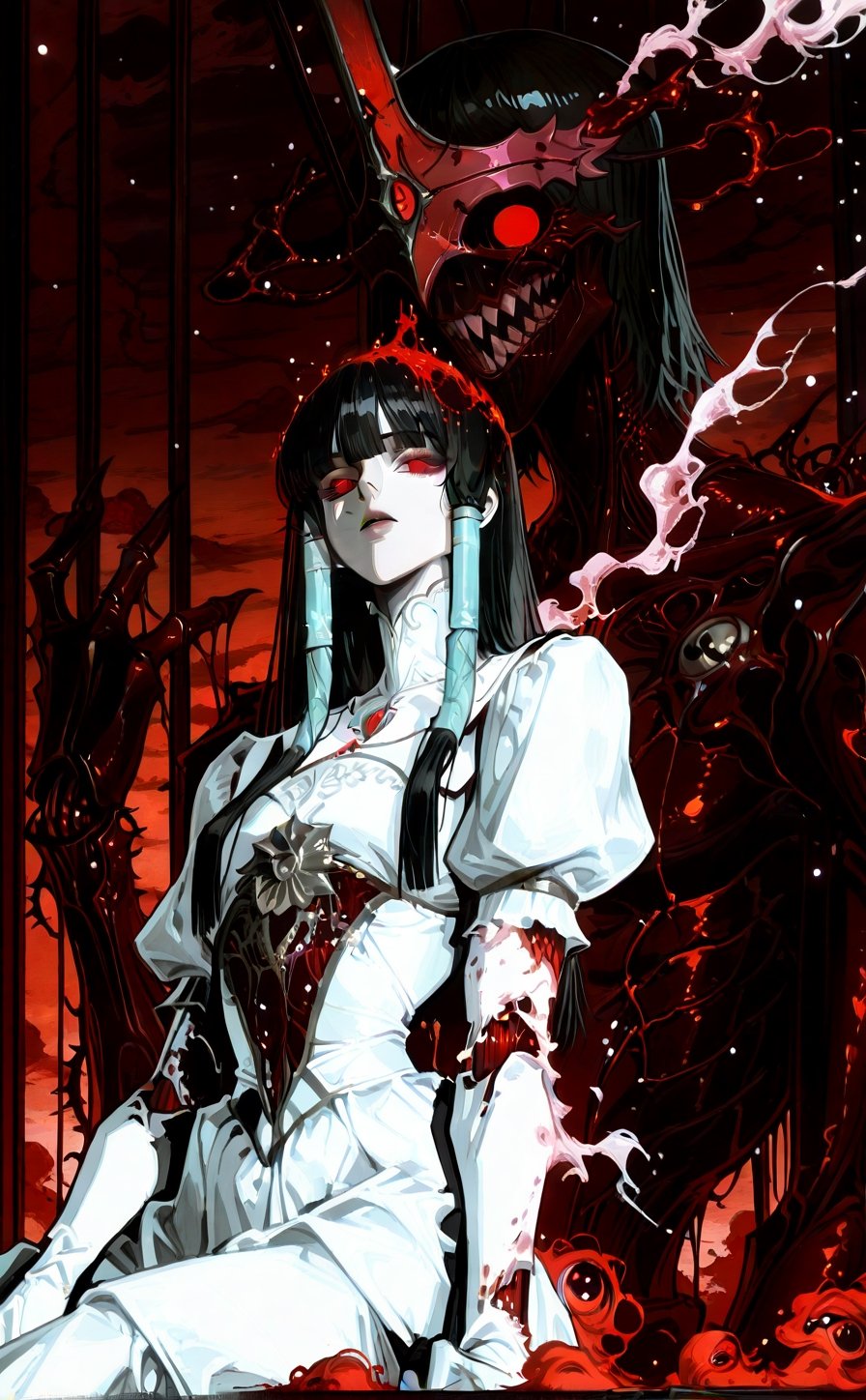 A haunting Japanese horror-style illustration featuring a young girl with straight black hair and bangs,  wearing a delica...