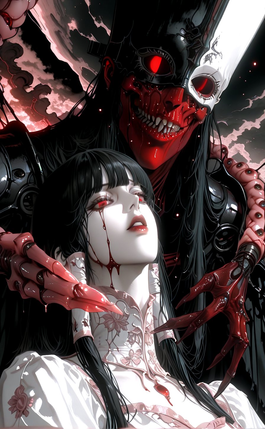 A haunting Japanese horror-style illustration featuring a young girl with straight black hair and bangs,  wearing a delica...