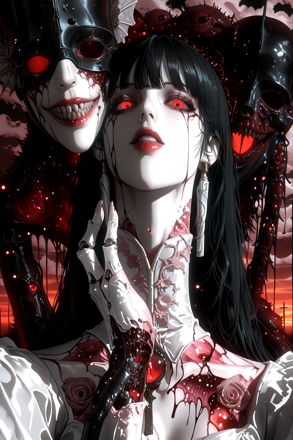 A haunting Japanese horror-style illustration featuring a young girl with straight black hair and bangs,  wearing a delica...