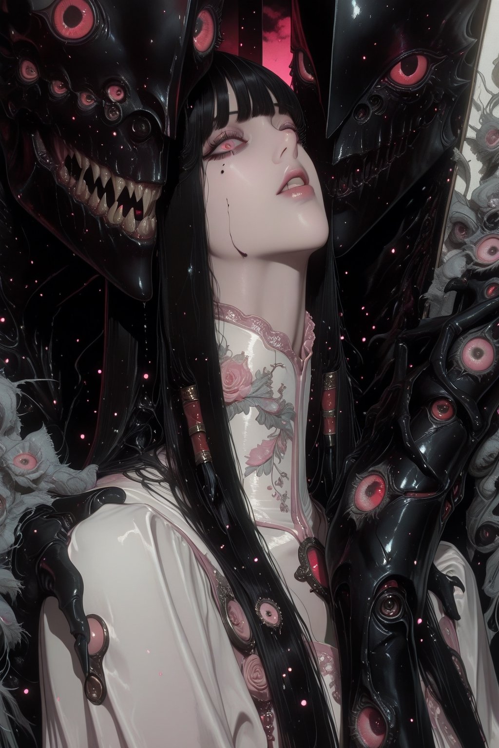 A haunting Japanese horror-style illustration featuring a young girl with straight black hair and bangs,  wearing a delica...