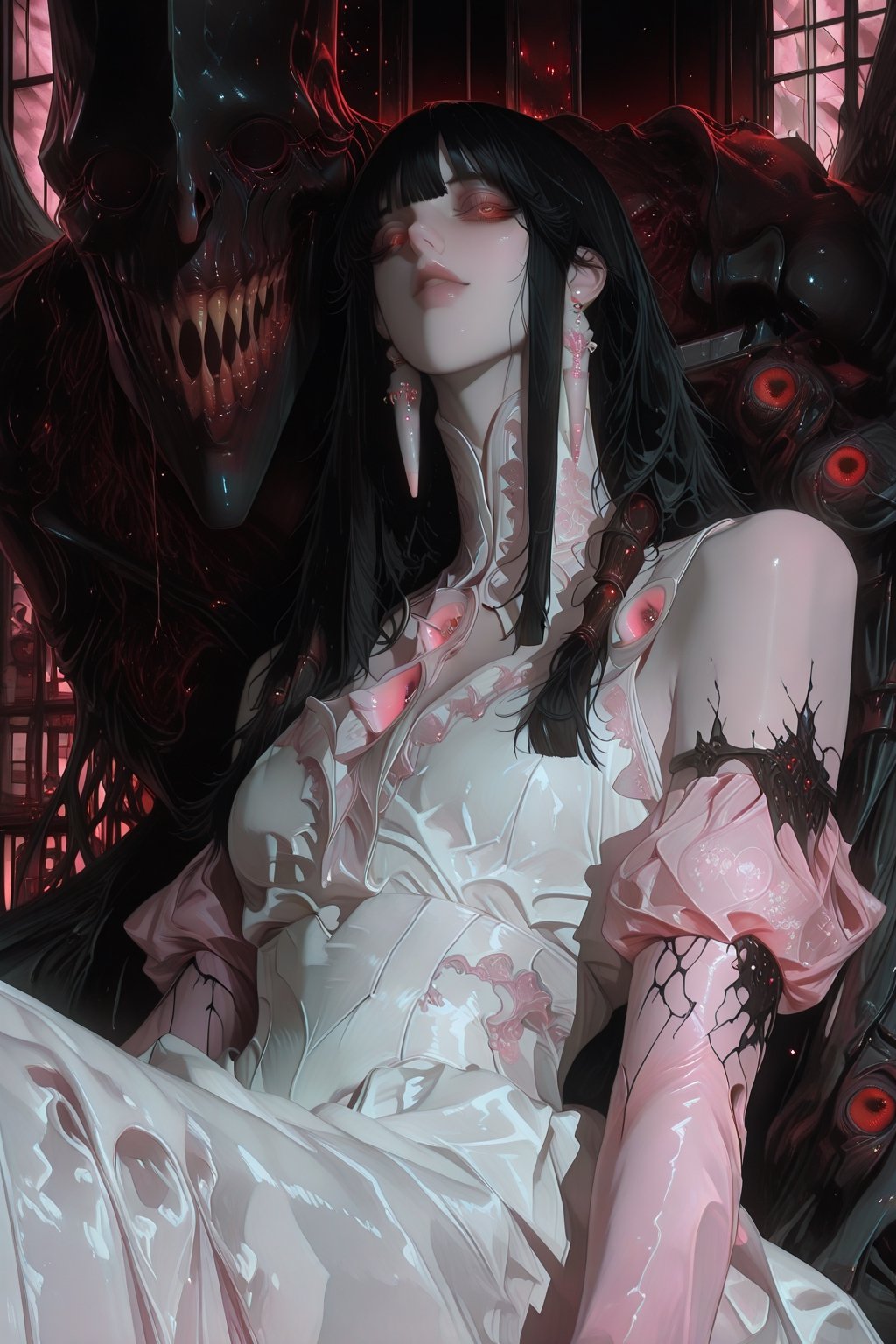 A haunting Japanese horror-style illustration featuring a young girl with straight black hair and bangs,  wearing a delica...