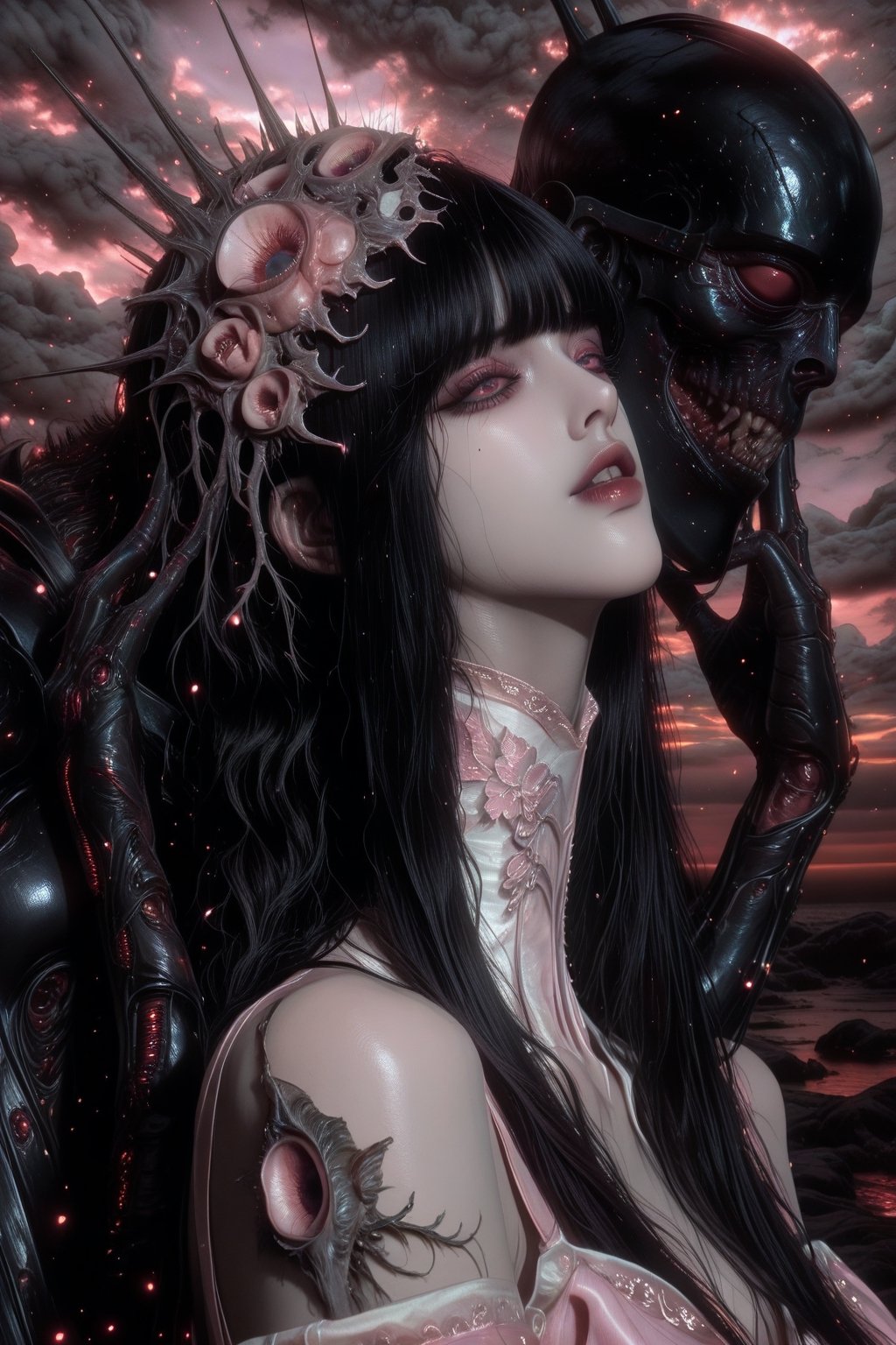 A haunting Japanese horror-style illustration featuring a young girl with straight black hair and bangs,  wearing a delica...