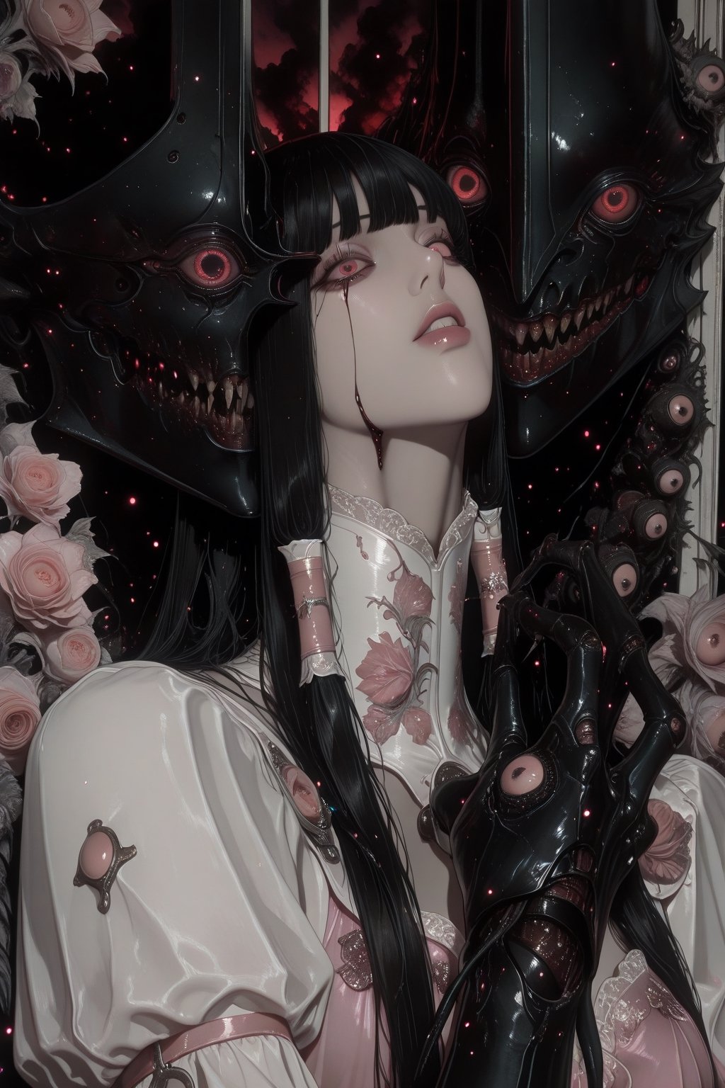 A haunting Japanese horror-style illustration featuring a young girl with straight black hair and bangs,  wearing a delica...