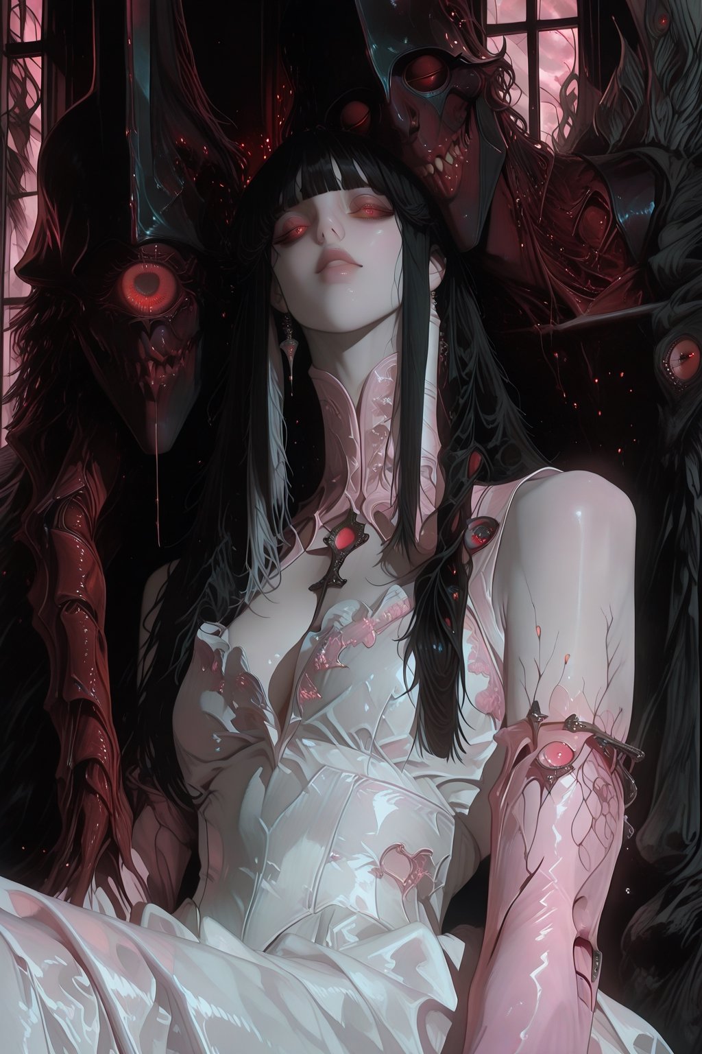 A haunting Japanese horror-style illustration featuring a young girl with straight black hair and bangs,  wearing a delica...