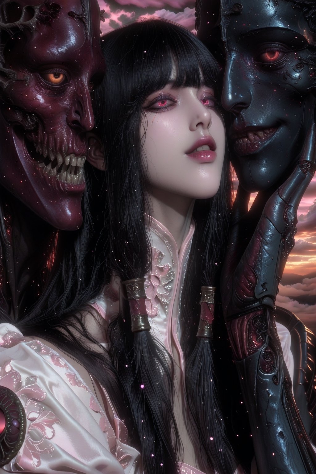 Create a haunting Japanese horror-style illustration featuring a young girl with straight black hair and bangs,  wearing a...