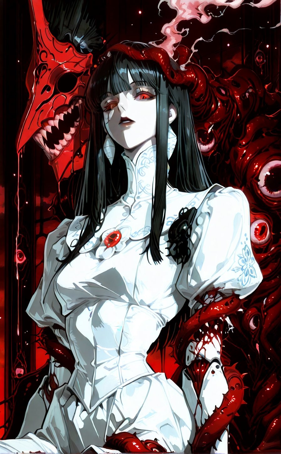 A haunting Japanese horror-style illustration featuring a young girl with straight black hair and bangs,  wearing a delica...