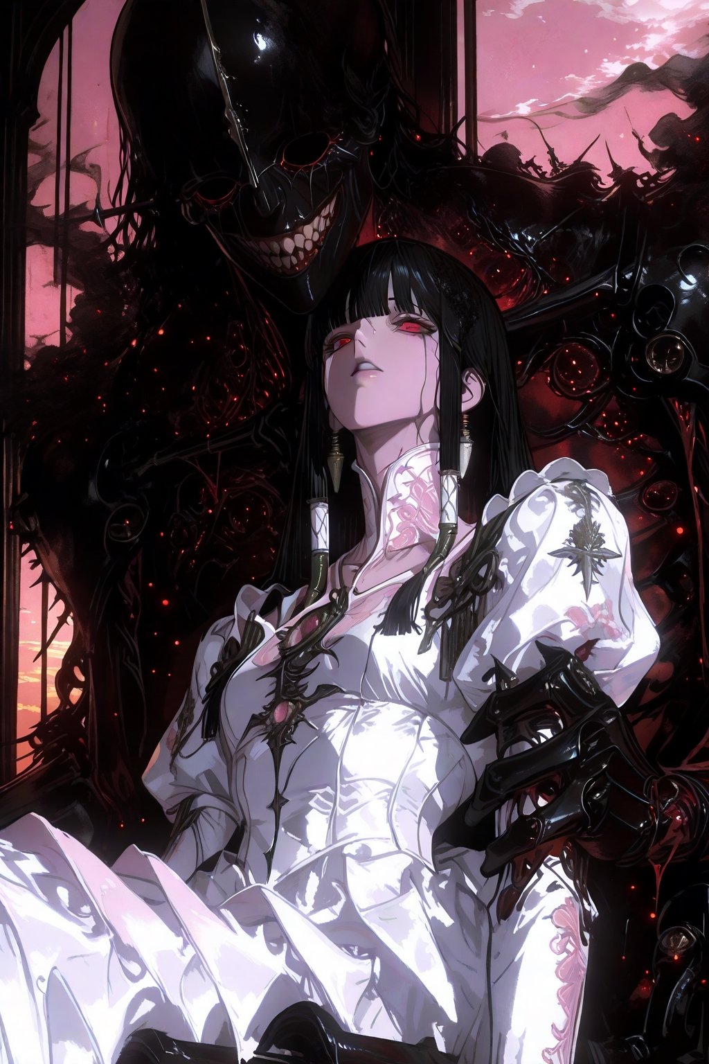 A haunting Japanese horror-style illustration featuring a young girl with straight black hair and bangs,  wearing a delica...