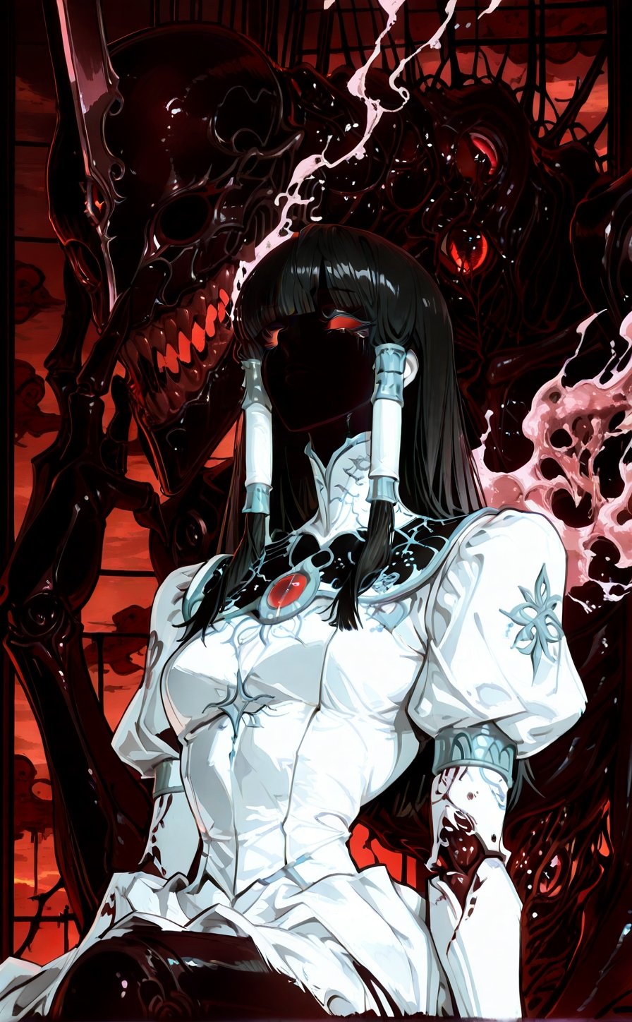 A haunting Japanese horror-style illustration featuring a young girl with straight black hair and bangs,  wearing a delica...