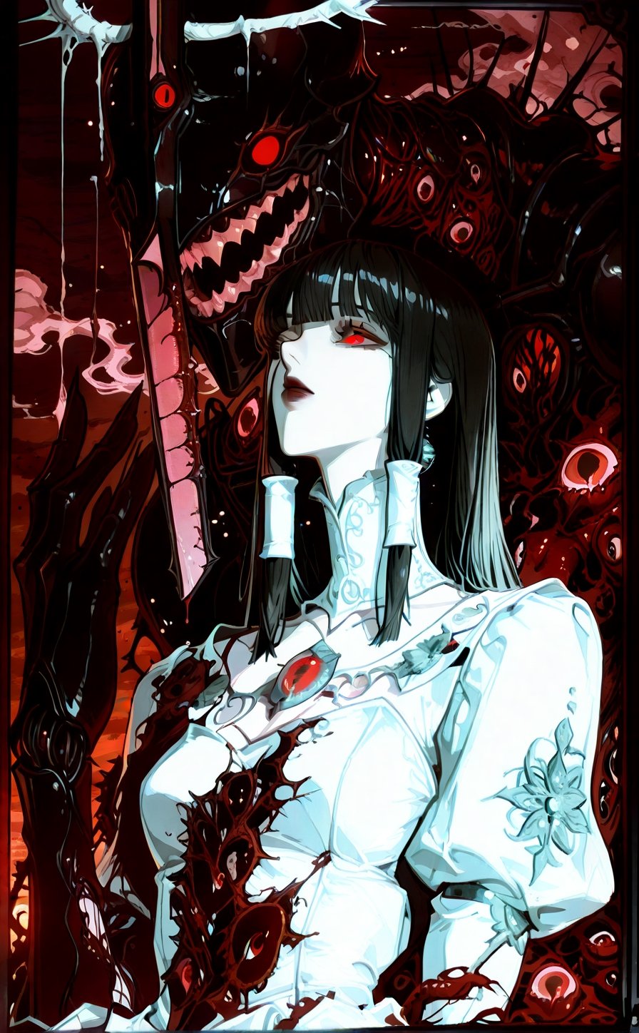 A haunting Japanese horror-style illustration featuring a young girl with straight black hair and bangs,  wearing a delica...